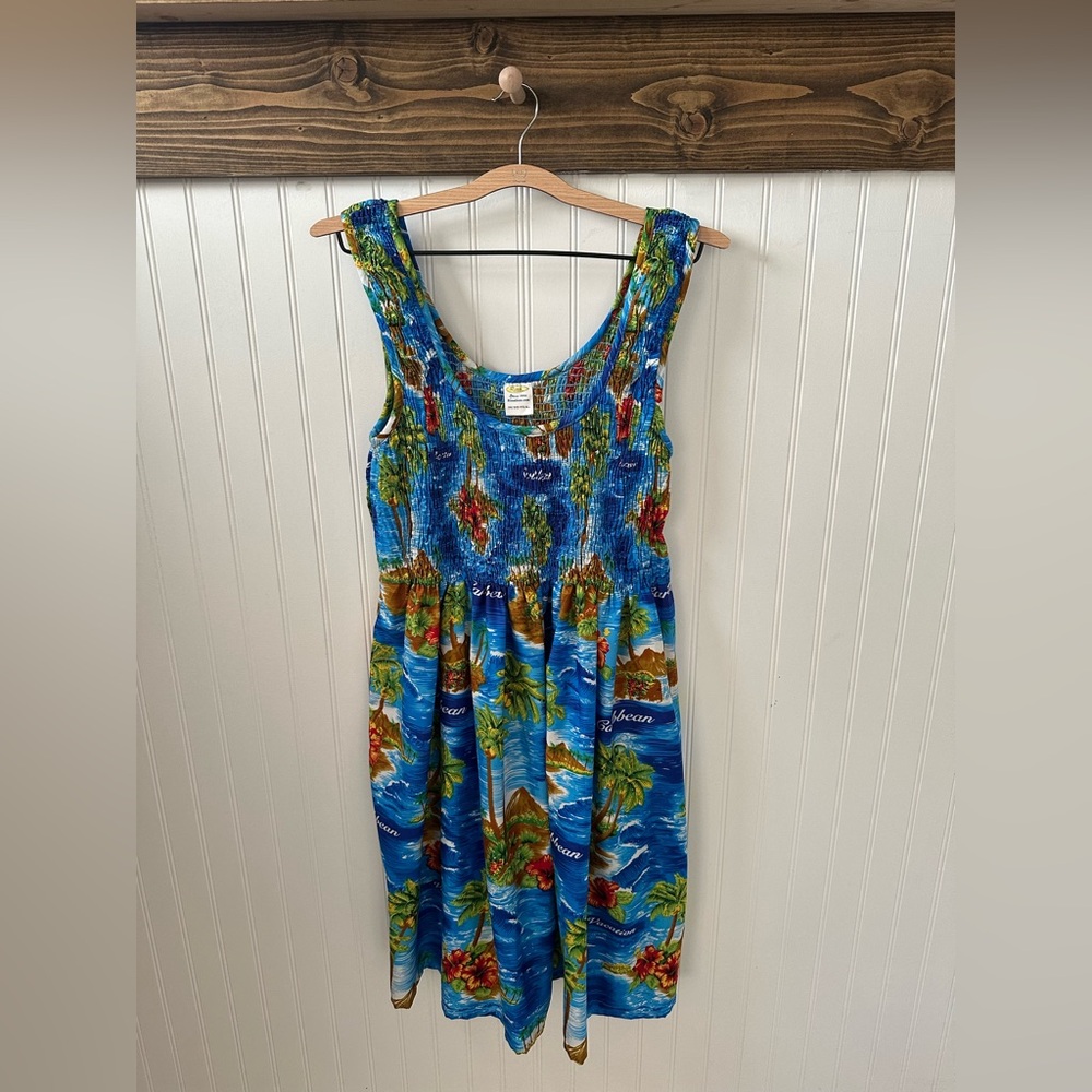 Rima Beachworld Vibrant Hawaiian Island Smocked Print Midi Dress One Size